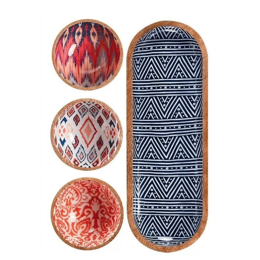 MESA Mango Wood Serving Set 4 Piece Ikat‎ Geometric Patterns Tray & 3 Bowls NEW